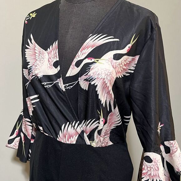 Vintage Women's Black Crane Print Bell Sleeve Jumpsuit - Picture 4 of 12